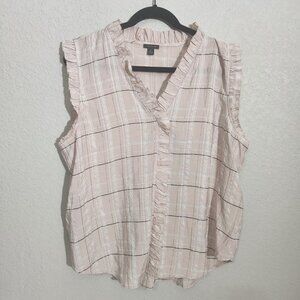 Ann Taylor Blouse XL Sleeveless Pink Plaid Ruffle Trim